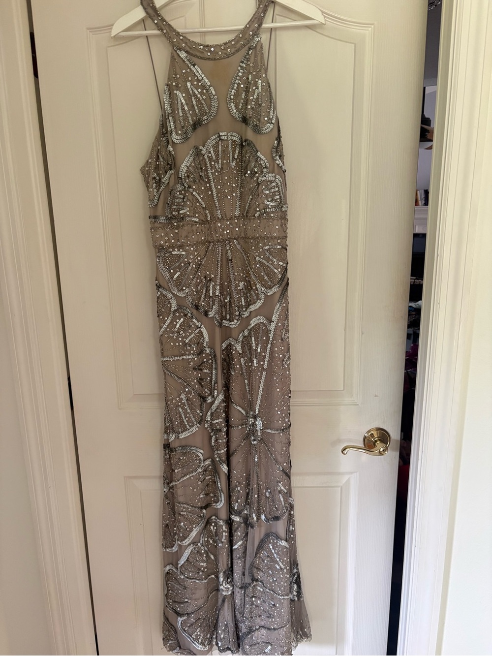Adrianna Papell Silver Beaded Taupe Evening Gown
